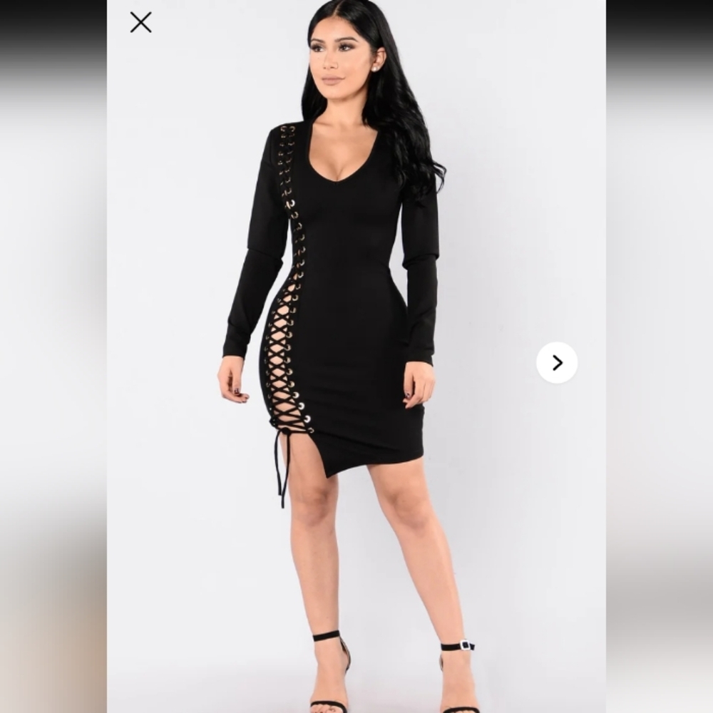 Fashion Nova Black Lace-Up Long Sleeve Dress